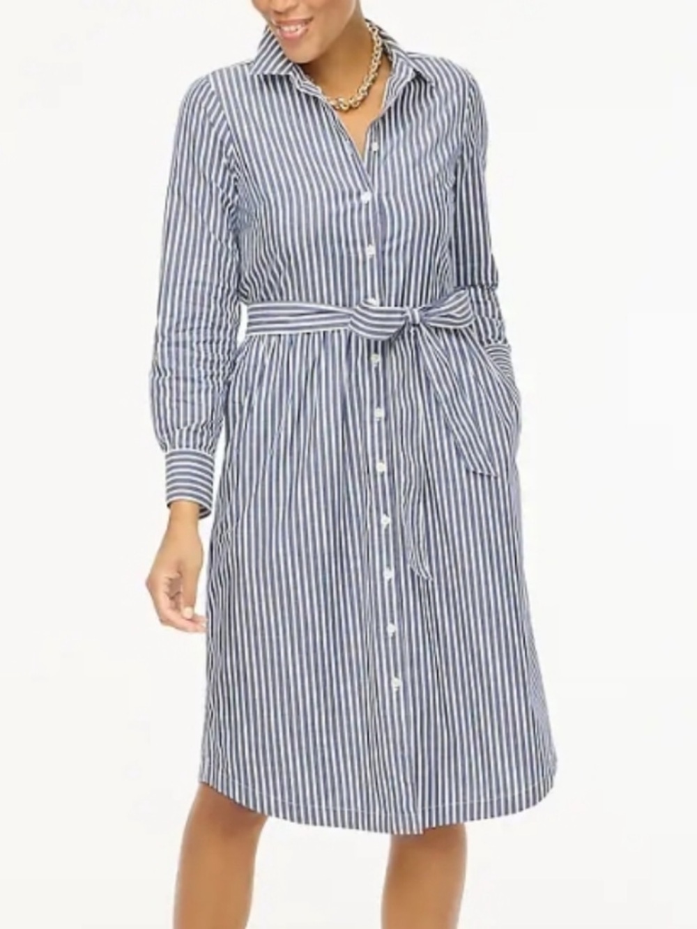 NWT J. Crew Cotton Poplin Striped Midi Tie Shirt Dress, Navy Blue & White – 18